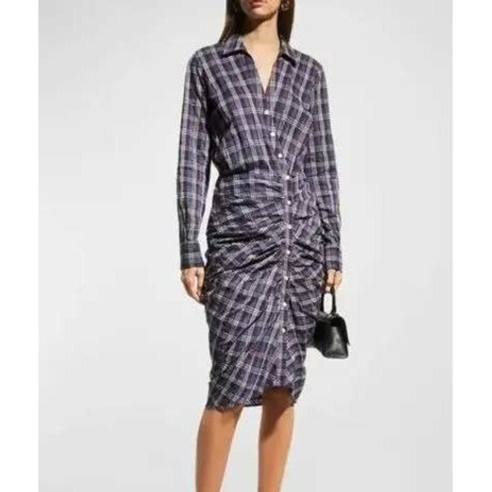 Veronica Beard Calvert Plaid Ruched Draped Shirt Dress Burgundy Navy Size 12